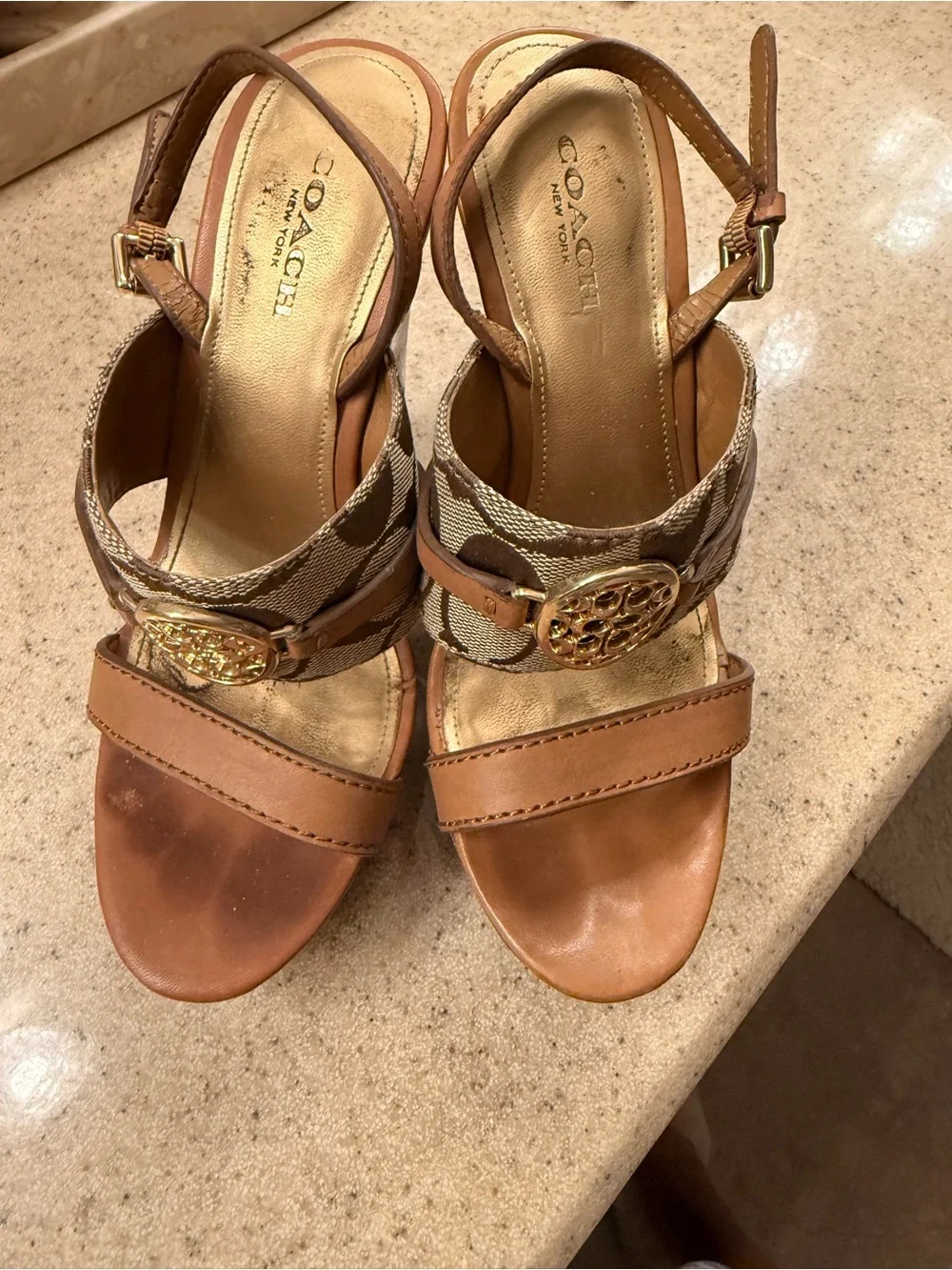 Coach Brown Leather & Signature Canvas Wedge Sandals